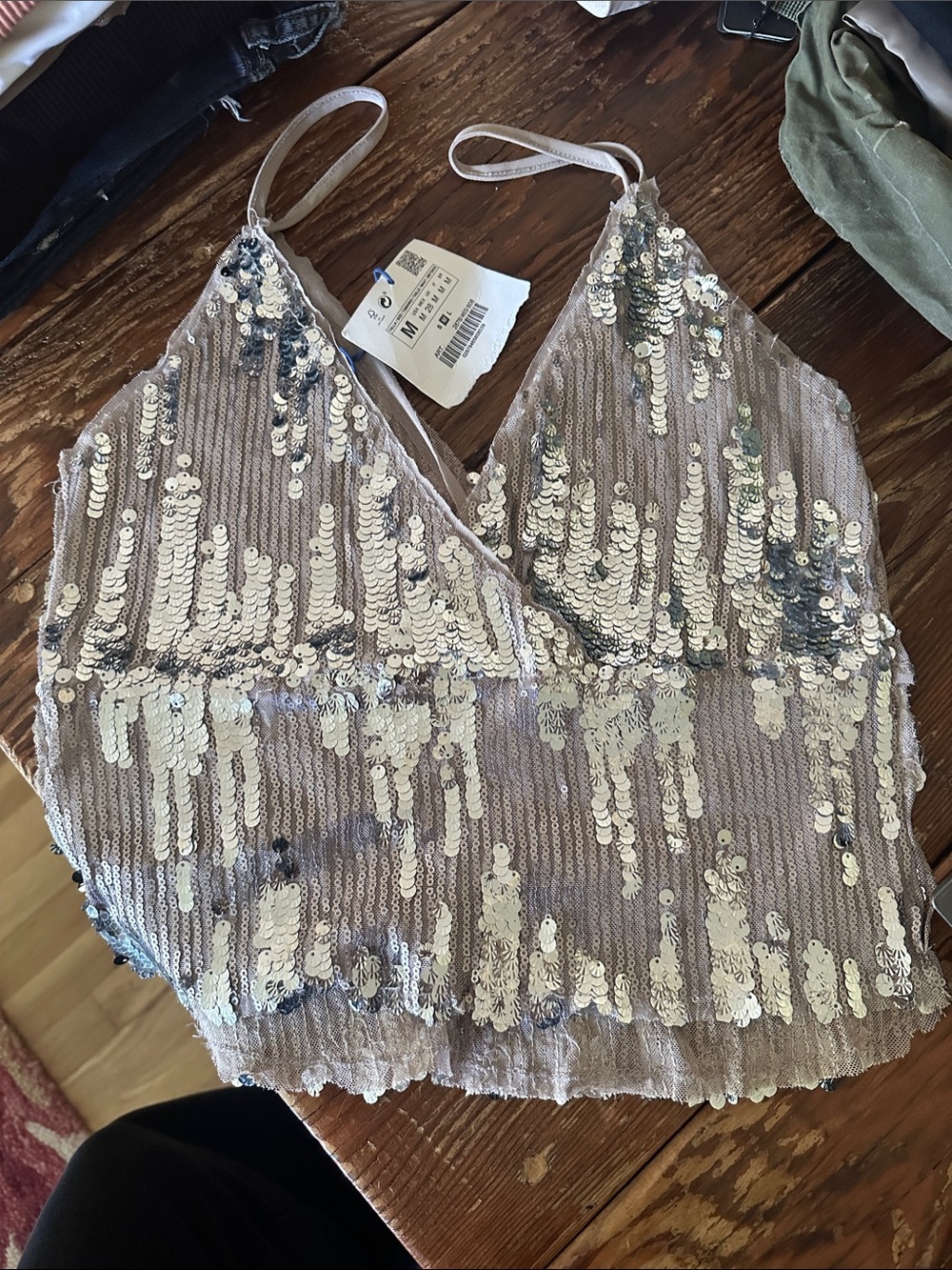 Sequin V-Neck Crop Top in Light Pink by Zara